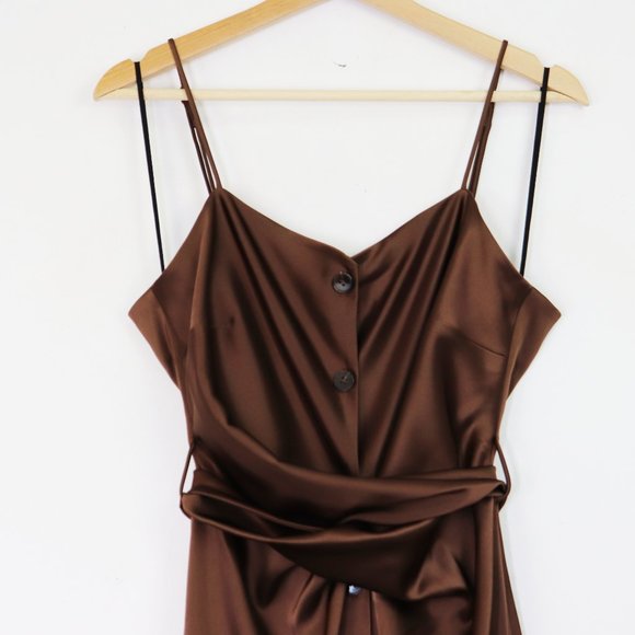 NWT Nanushka Dress Sayan Satin Spaghetti Strap Belted Wrap Tie Midi Slip Brown L - Picture 7 of 11